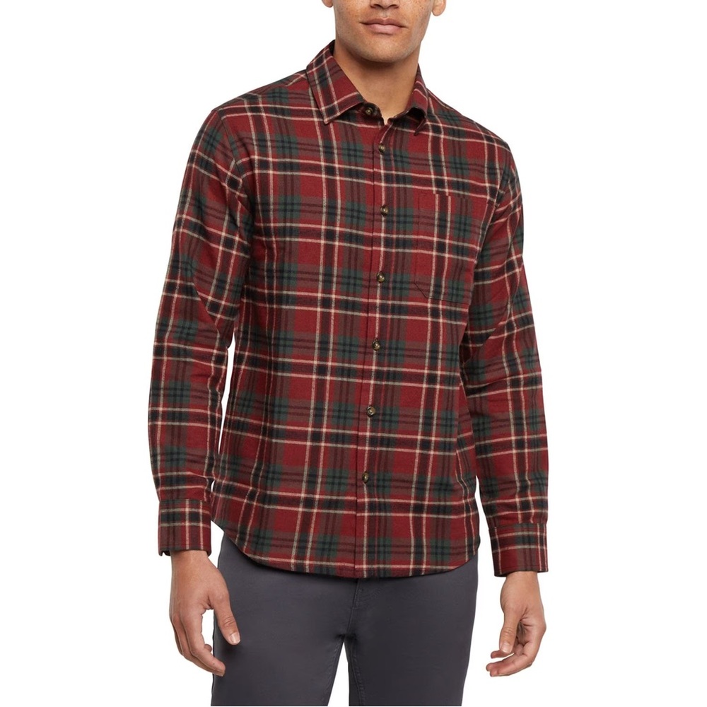 Eddie Bauer Men's Red and Green Plaid Button Up Shirt XL